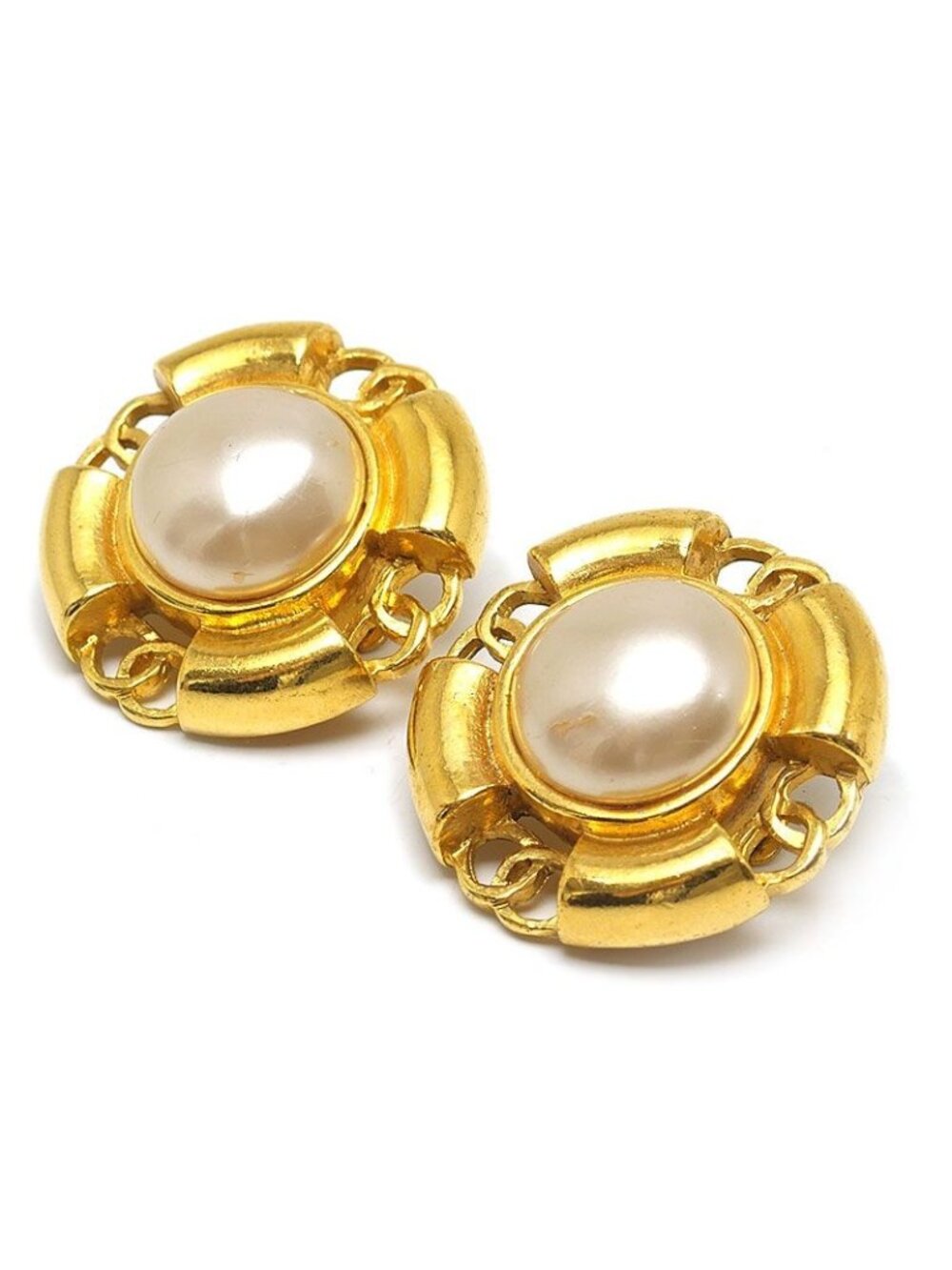 Chanel Faux Pearl Earrings 93P Gold Plated